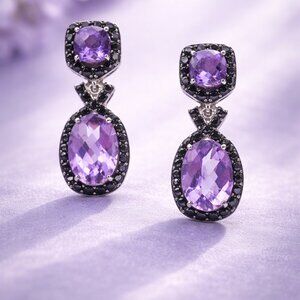 Jean Lin Sterling Silver Amethyst & Black Spinel Drop Earrings 5.50CTW